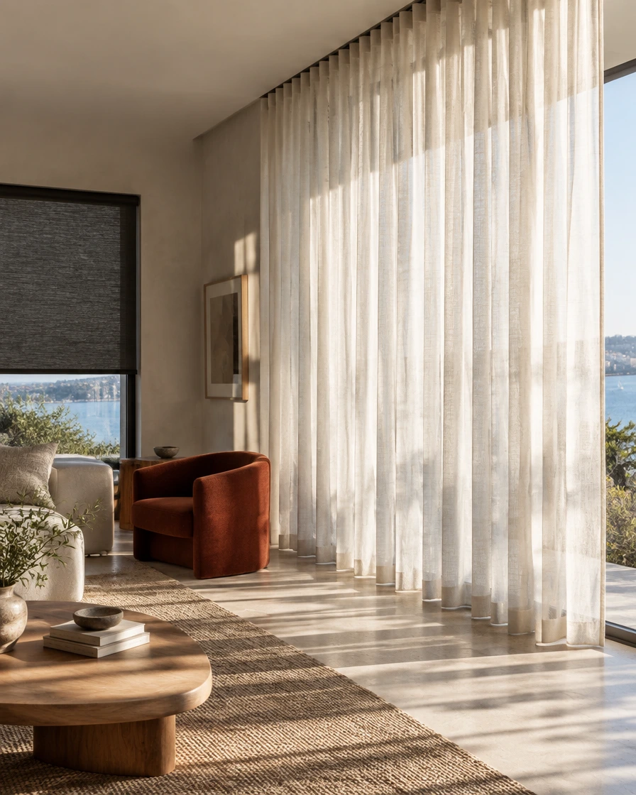Illustrative Sydney interior with linen curtains and a roller blind