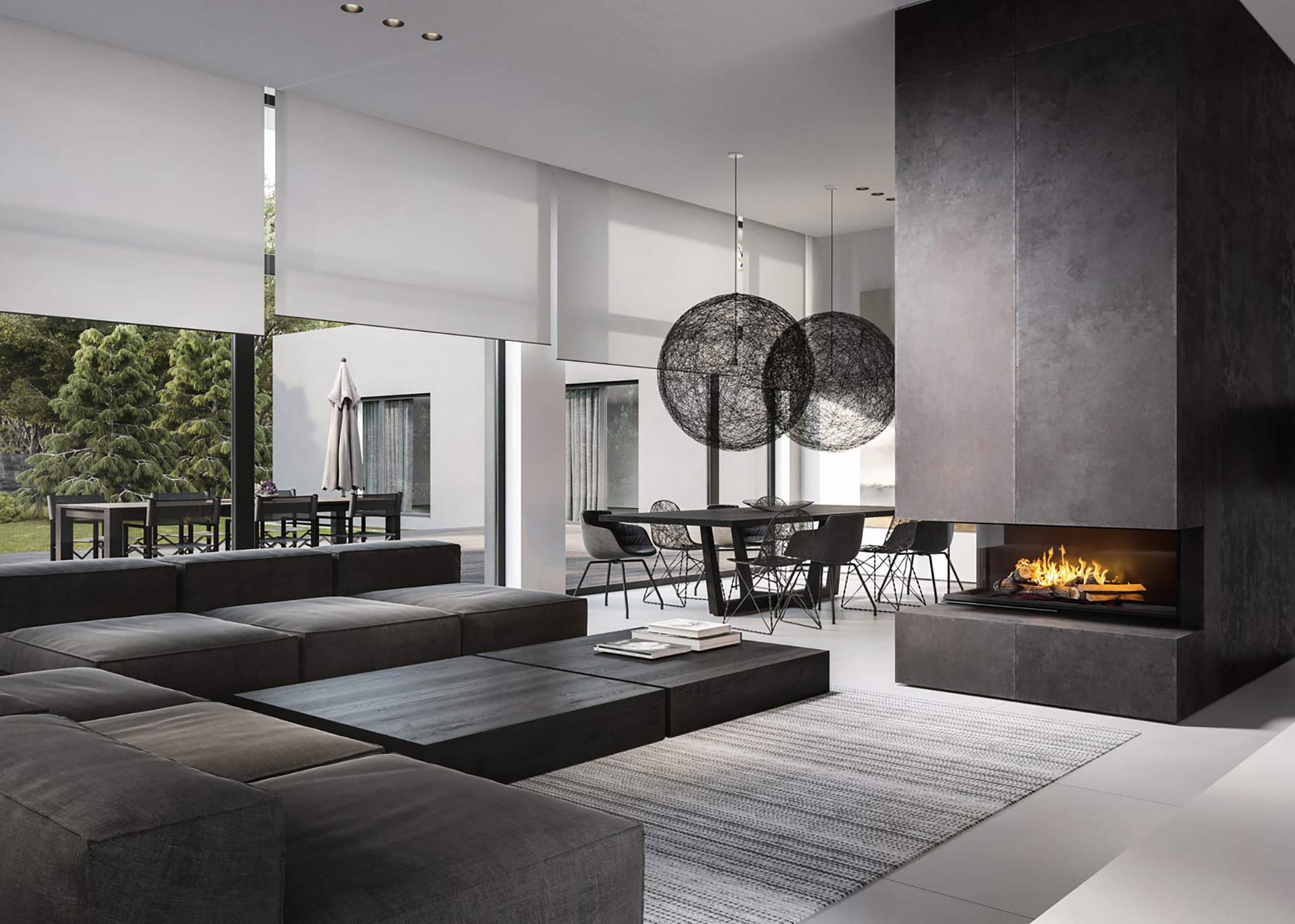 A living room with custom roller blinds